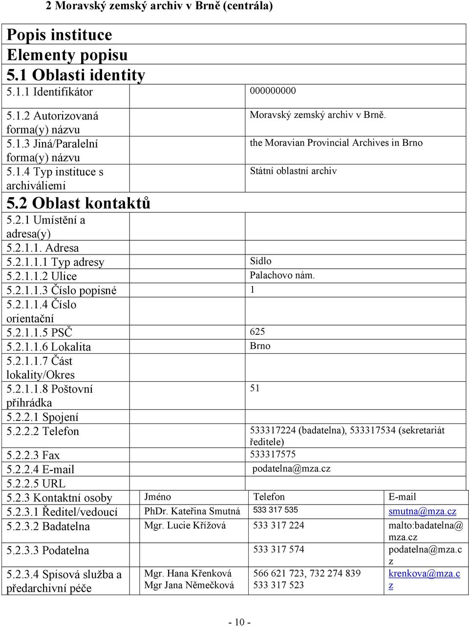 2.1.1.4 Číslo orientační 5.2.1.1.5 PSČ 625 5.2.1.1.6 Lokalita Brno 5.2.1.1.7 Část lokality/okres 5.2.1.1.8 Poštovní přihrádka 5.2.2.1 Spojení 5.2.2.2 Telefon 533317224 (badatelna), 533317534 (sekretariát ředitele) 5.