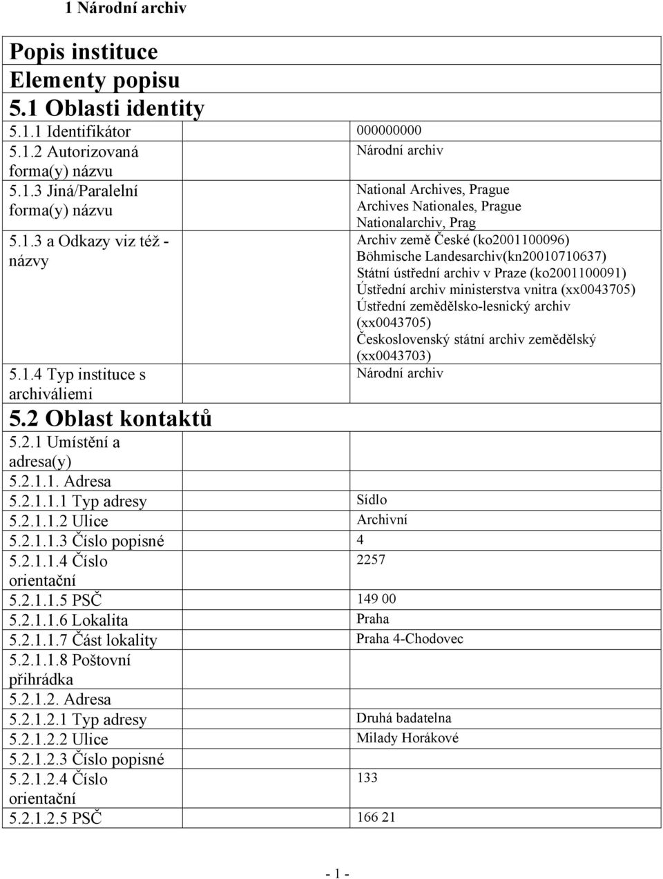 archiv v Praze (ko2001100091) Ústřední archiv ministerstva vnitra (xx0043705) Ústřední zemědělsko-lesnický archiv (xx0043705) Československý státní archiv zemědělský (xx0043703) Národní archiv 5.