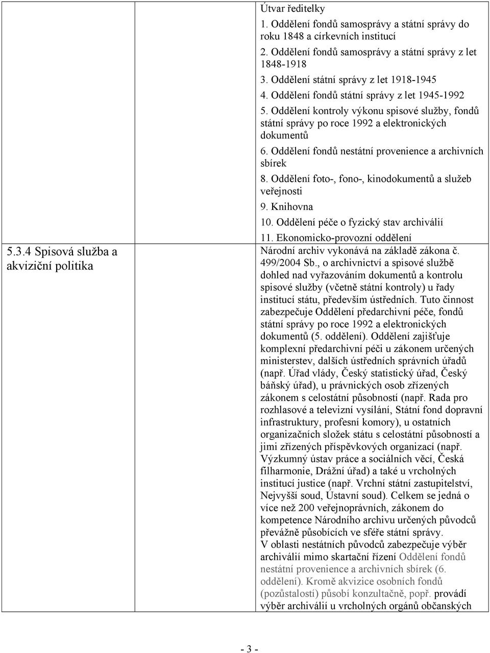 Oddělení kontroly výkonu spisové služby, fondů státní správy po roce 1992 a elektronických dokumentů 6. Oddělení fondů nestátní provenience a archivních sbírek 8.