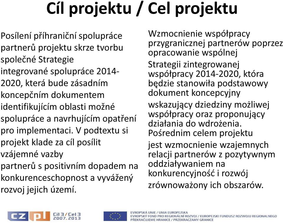 V podtetu si projekt klade za cíl posílit vzájemné vazby partnerů s positivním dopadem na konkurenceschopnost a vyvážený rozvoj jejich území.