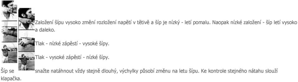 Tlak - nízké zápěstí - vysoké šípy. Tlak - vysoké zápěstí - nízké šípy.