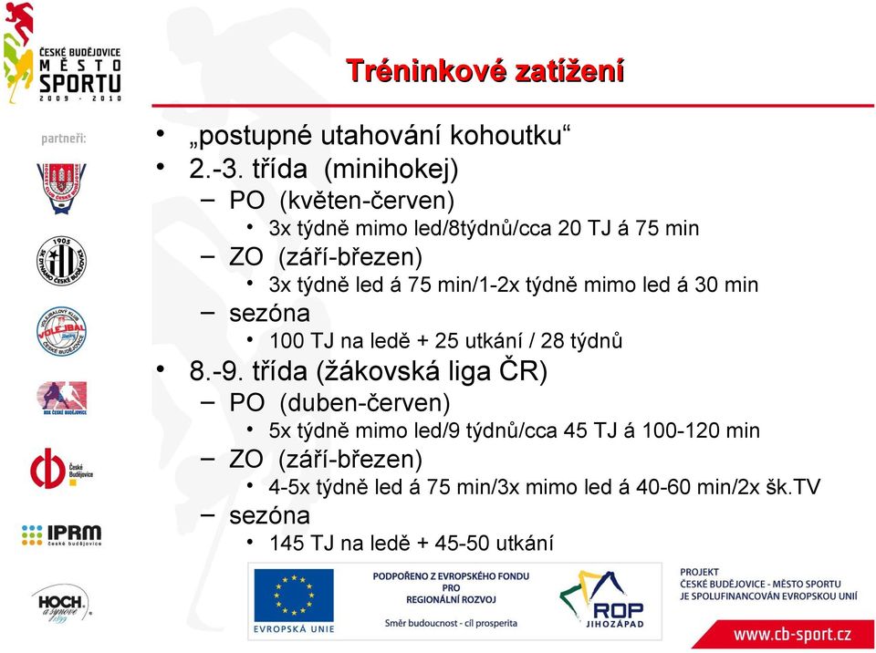 75 min/1-2x týdně mimo led á 30 min sezóna 100 TJ na ledě + 25 utkání / 28 týdnů 8.-9.