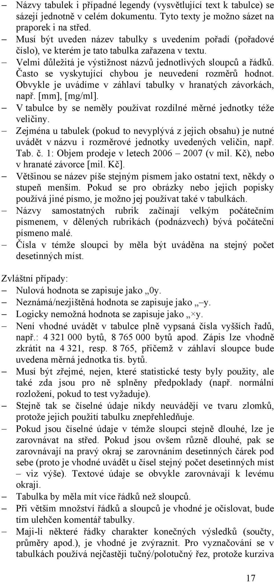 Často se vyskytující chybou je neuvedení rozměrů hodnot. Obvykle je uvádíme v záhlaví tabulky v hranatých závorkách, např. [mm], [mg/ml].