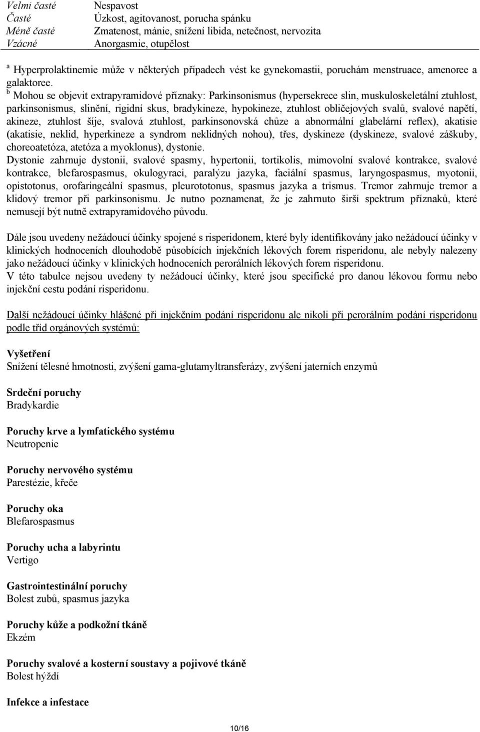 b Mohou se objevit extrapyramidové příznaky: Parkinsonismus (hypersekrece slin, muskuloskeletální ztuhlost, parkinsonismus, slinění, rigidní skus, bradykineze, hypokineze, ztuhlost obličejových