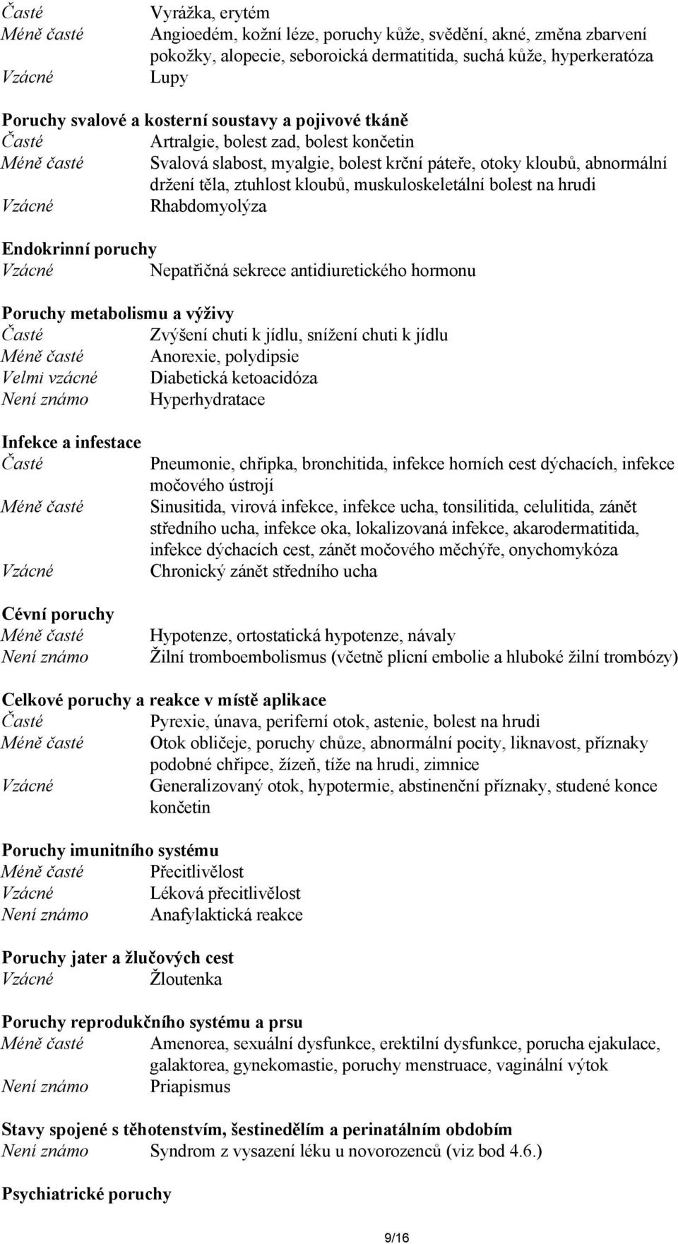 bolest na hrudi Rhabdomyolýza Endokrinní poruchy Nepatřičná sekrece antidiuretického hormonu Poruchy metabolismu a výživy Zvýšení chuti k jídlu, snížení chuti k jídlu Méně časté Anorexie, polydipsie