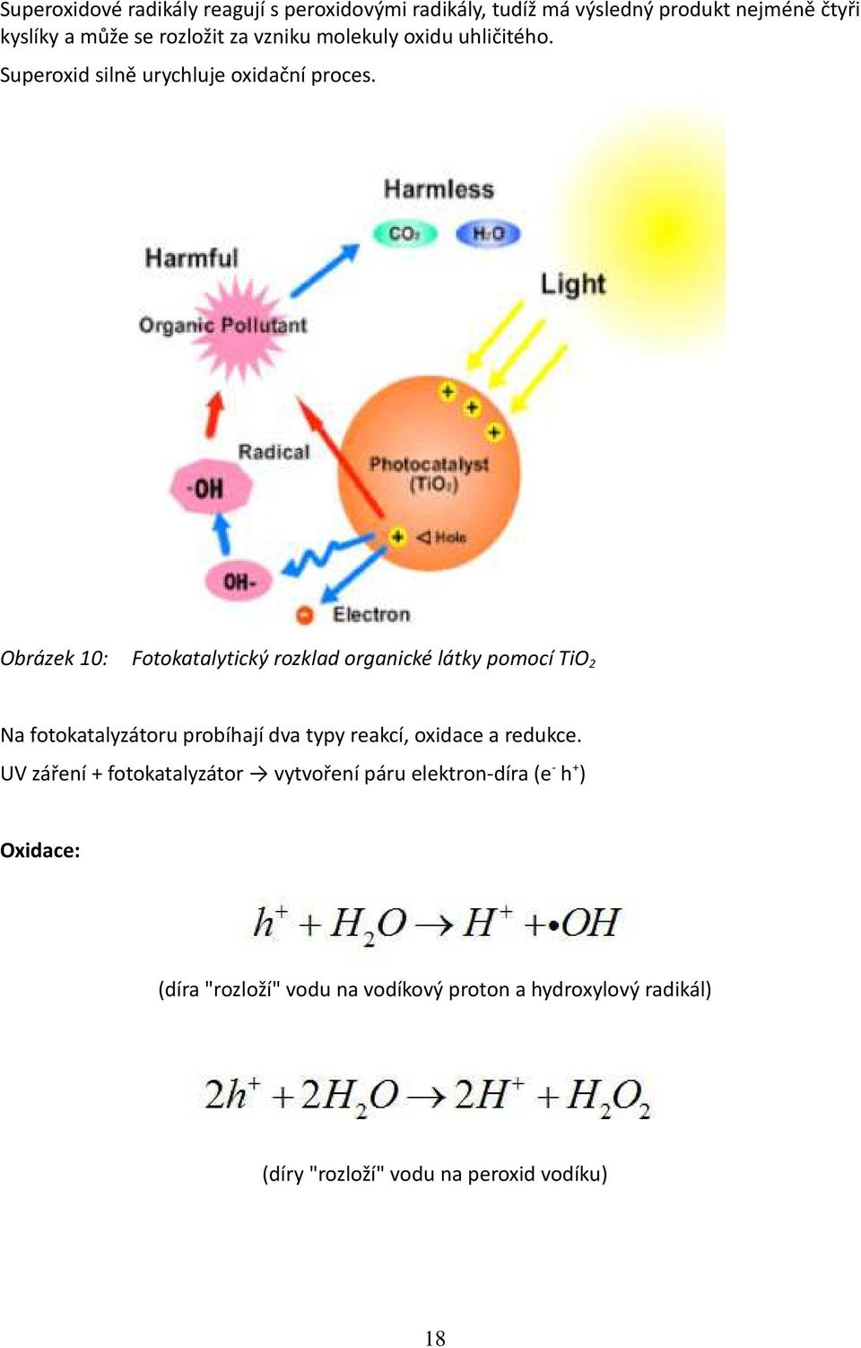 Obrázek 10: Fotokatalytický rozklad organické látky pomocí TiO 2 Na fotokatalyzátoru probíhají dva typy reakcí, oxidace a