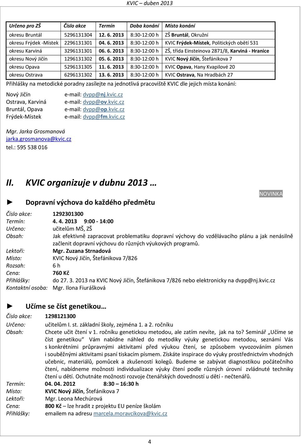 6. 2013 8:30-12:00 h KVIC Ostrava, Na Hradbách 27 Přihlášky na metodické poradny zasílejte na jednotlivá pracoviště KVIC dle jejich místa konání: Nový Jičín Ostrava, Karviná Bruntál, Opava