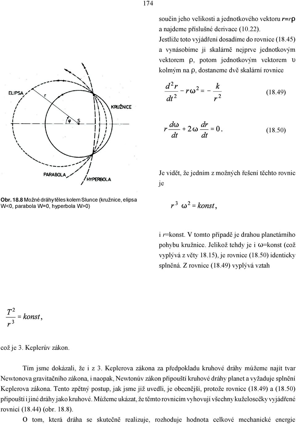 50) Je vidět, že jedním z možných řešení těchto rovnic je Obr. 18.8 Možné dráhy těles kolem Slunce (kružnice, elipsa W<0, parabola W=0, hyperbola W>0) i r=konst.