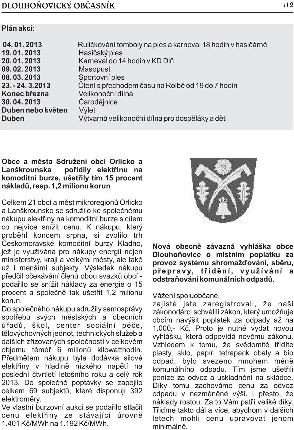 2013 Èarodìjnice Duben nebo kvìten Výlet Duben Výtvarná velikonoèní dílna pro dospìláky a dìti Obce a mìsta Sdružení obcí Orlicko a Lanškrounska poøídily elektøinu na komoditní burze, ušetøily tím 15