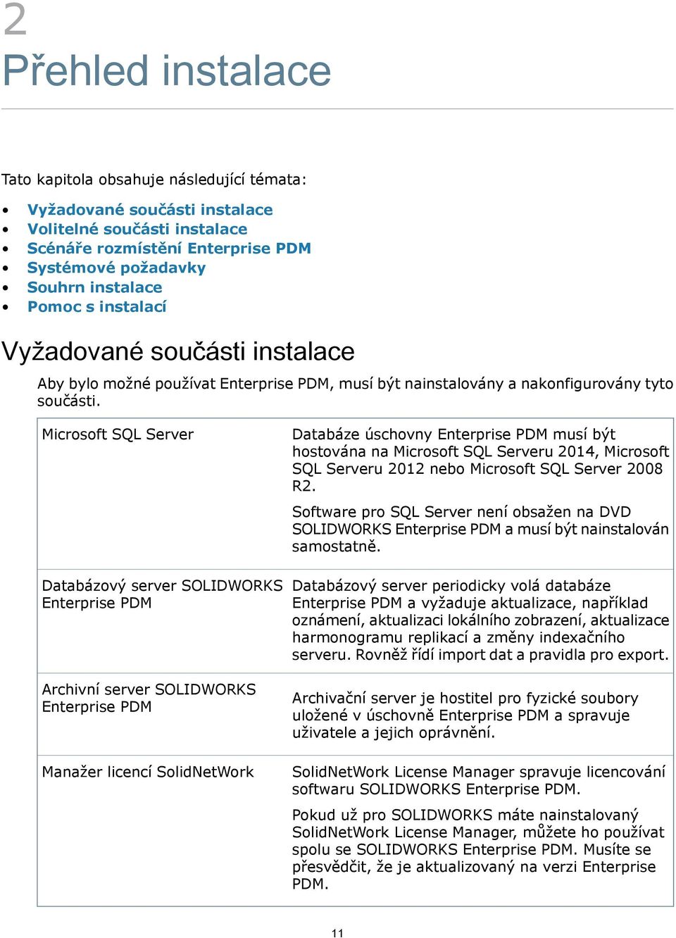 Microsoft SQL Server Databázový server SOLIDWORKS Enterprise PDM Archivní server SOLIDWORKS Enterprise PDM Manažer licencí SolidNetWork Databáze úschovny Enterprise PDM musí být hostována na