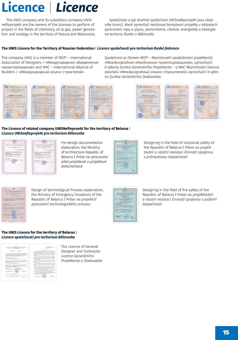 Společnost a její dceřiná společnost UNISnefteprojekt jsou vlastníky licencí, které opravňují realizovat komplexní projekty v oblastech zpracování ropy a plynu, petrochemie, chemie, energetiky a