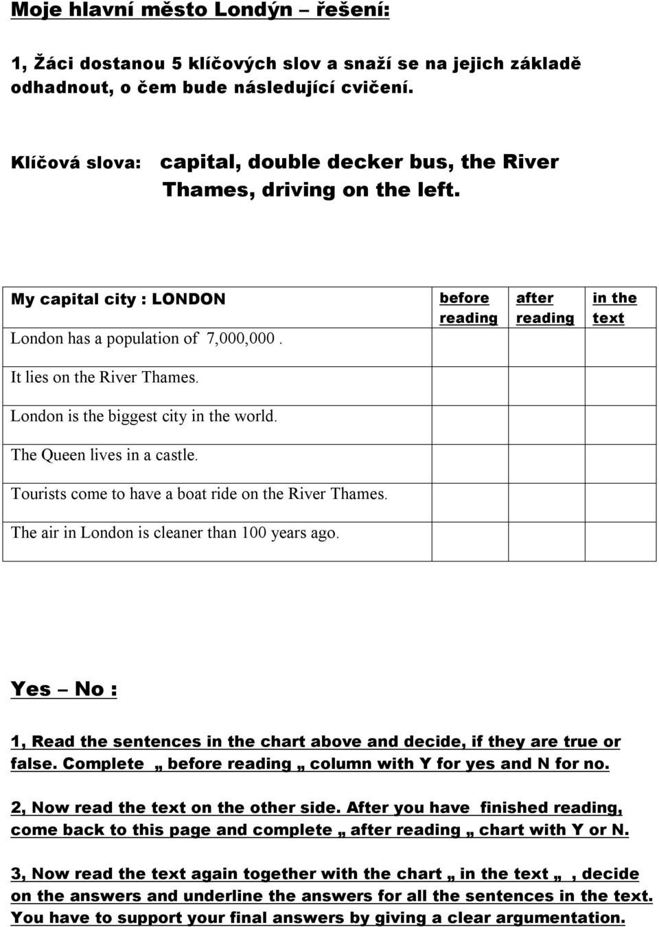 London is the biggest city in the world. The Queen lives in a castle. Tourists come to have a boat ride on the River Thames. The air in London is cleaner than 100 years ago.