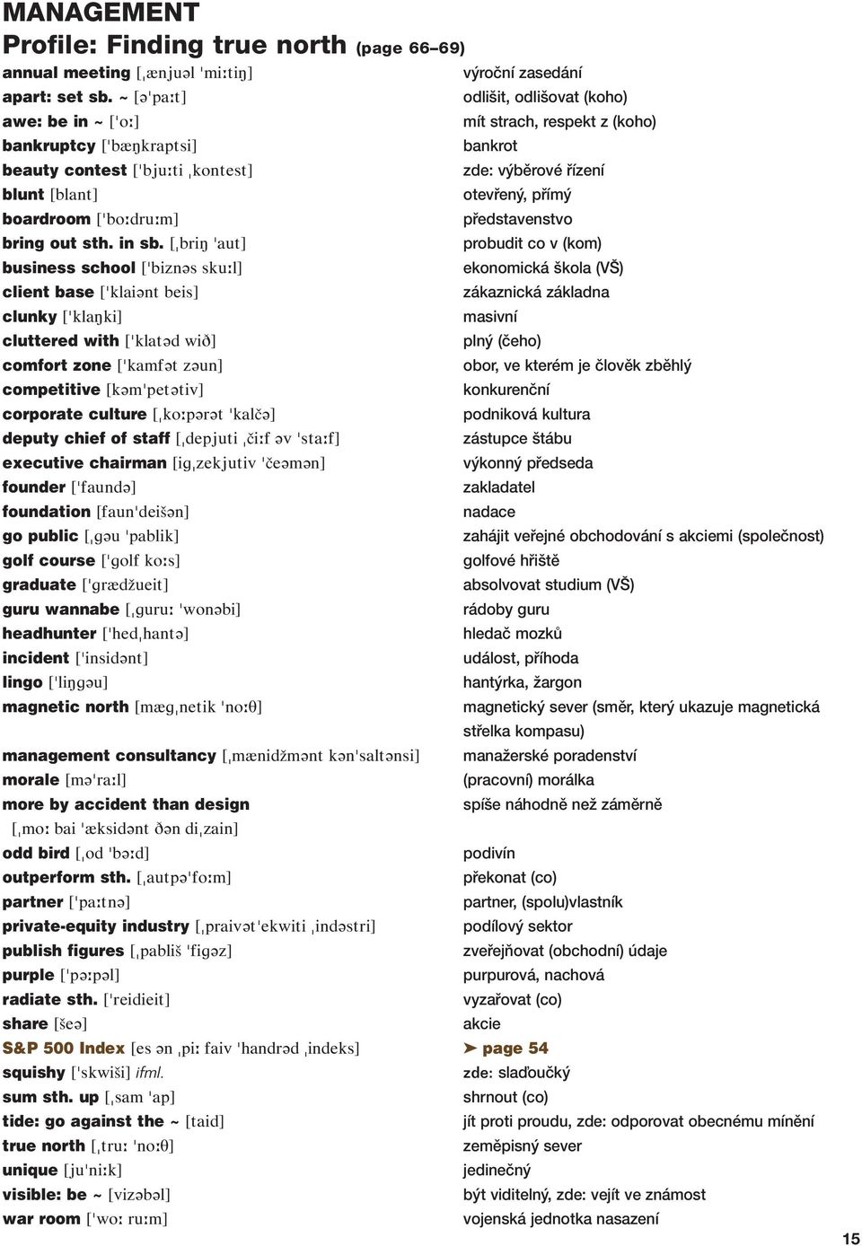 [ briŋ aut] business school [ bizn s sku l] client base [ klai nt beis] clunky [ klaŋki] cluttered with [ klat d wið] comfort zone [ kamf t z un] competitive [k m pet tiv] corporate culture [ ko p r