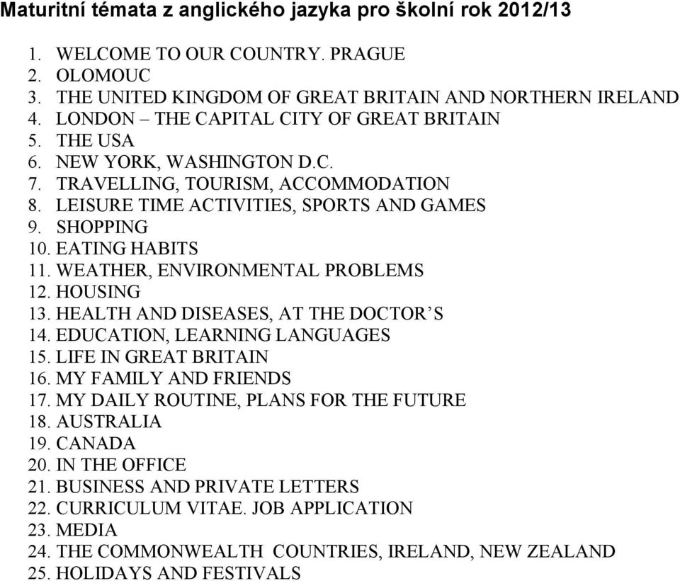 EATING HABITS 11. WEATHER, ENVIRONMENTAL PROBLEMS 12. HOUSING 13. HEALTH AND DISEASES, AT THE DOCTOR S 14. EDUCATION, LEARNING LANGUAGES 15. LIFE IN GREAT BRITAIN 16. MY FAMILY AND FRIENDS 17.