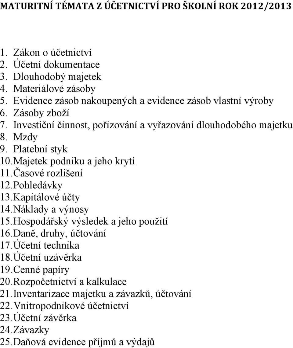 Majetek podniku a jeho krytí 11.Časové rozlišení 12.Pohledávky 13.Kapitálové účty 14.Náklady a výnosy 15.Hospodářský výsledek a jeho použití 16.Daně, druhy, účtování 17.