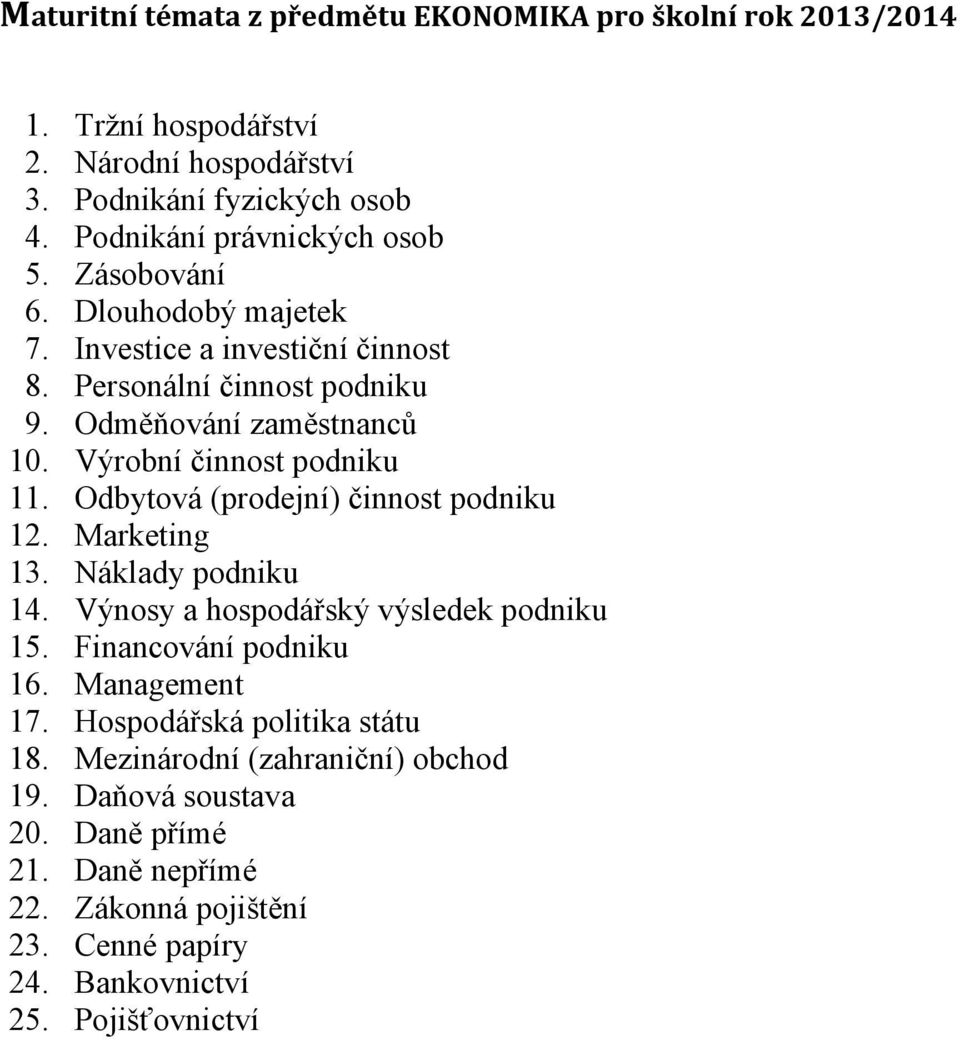 Výrobní činnost podniku 11. Odbytová (prodejní) činnost podniku 12. Marketing 13. Náklady podniku 14. Výnosy a hospodářský výsledek podniku 15. Financování podniku 16.