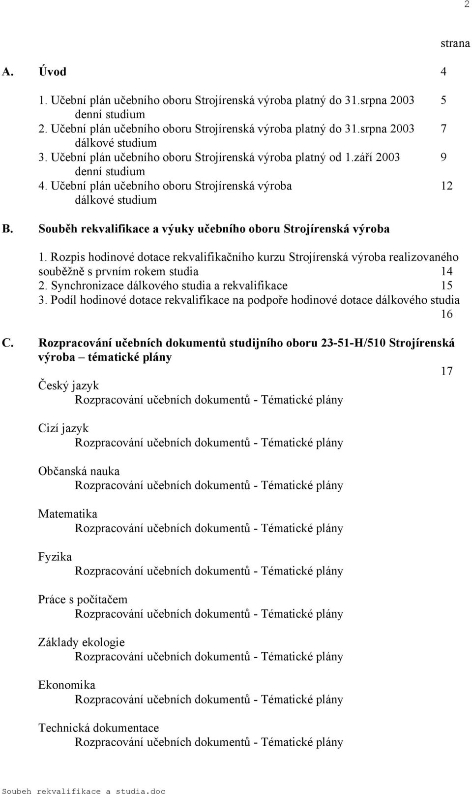 Souběh rekvalifikace a výuky učebního oboru Strojírenská výroba strana. Rozpis hodinové dotace rekvalifikačního kurzu Strojírenská výroba realizovaného souběžně s prvním rokem studia 4.