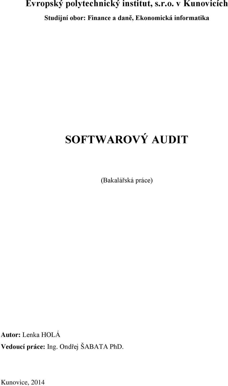 SOFTWAROVÝ AUDIT (Bakalářská práce) Autor: Lenka HOLÁ