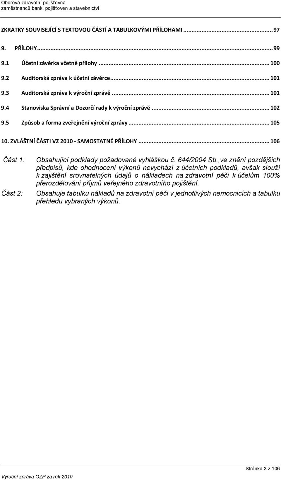 ZVLÁŠTNÍ ČÁSTI VZ 2010 SAMOSTATNÉ PŘÍLOHY... 106 Část 1: Část 2: Obsahující podklady požadované vyhláškou č. 644/2004 Sb.