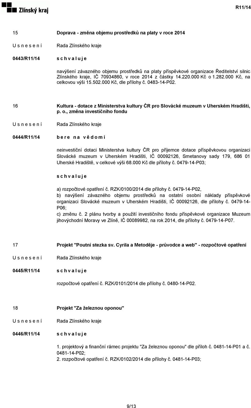 1.282.000 Kč, na celkovou výši 15.502.000 Kč, dle přílohy č. 0483-14-P02. 16 Kultura - dotace z Ministerstva kultury ČR pro Slovácké muzeum v Uherském Hradišti, p. o.