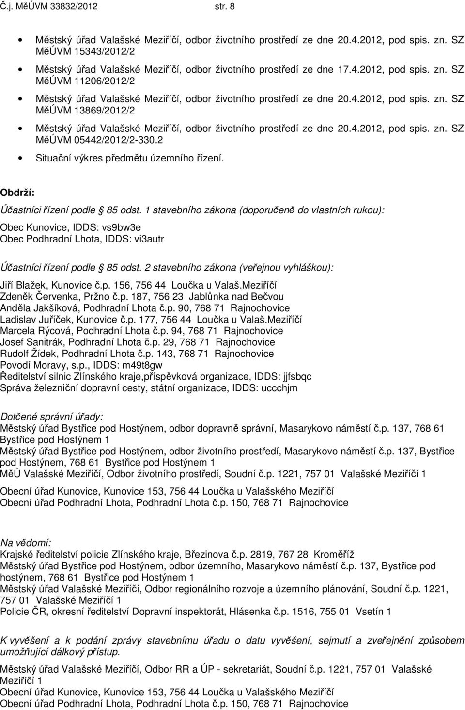 1 stavebního zákona (doporučeně do vlastních rukou): Obec Kunovice, IDDS: vs9bw3e Obec Podhradní Lhota, IDDS: vi3autr Účastníci řízení podle 85 odst.