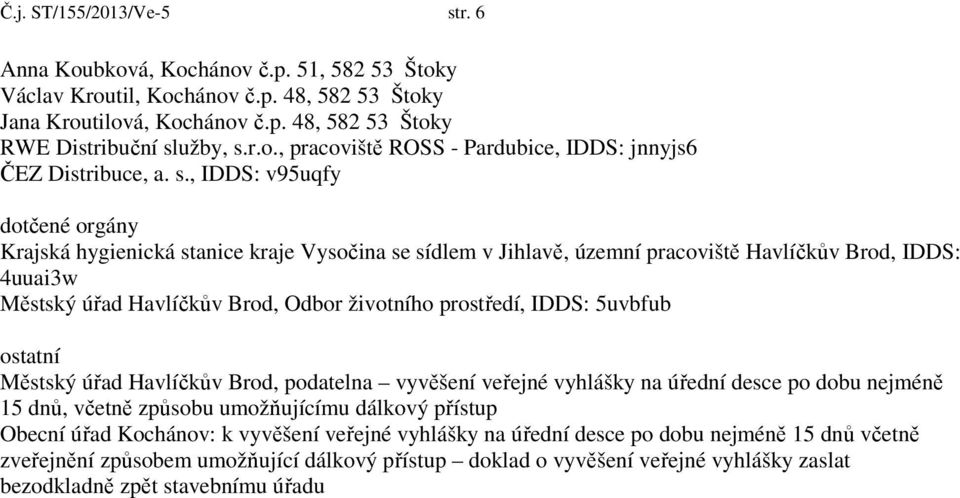 IDDS: 5uvbfub ostatní Městský úřad Havlíčkův Brod, podatelna vyvěšení veřejné vyhlášky na úřední desce po dobu nejméně 15 dnů, včetně způsobu umožňujícímu dálkový přístup Obecní úřad Kochánov: k