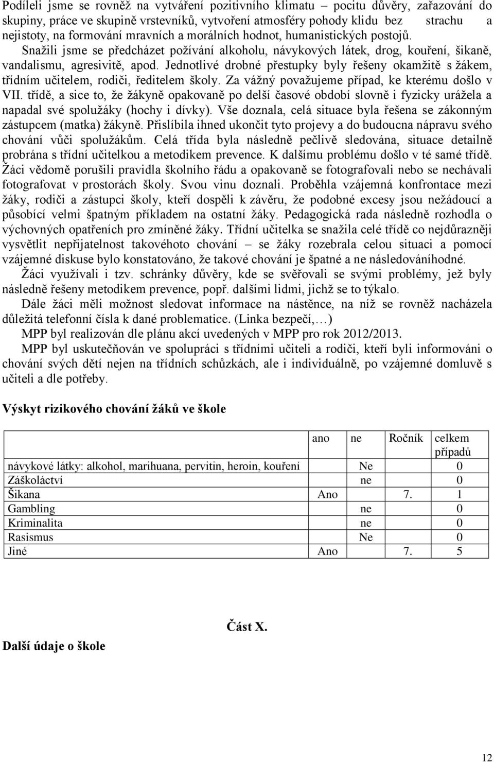 Jednotlivé drobné přestupky byly řešeny okamžitě s žákem, třídním učitelem, rodiči, ředitelem školy. Za vážný považujeme případ, ke kterému došlo v VII.