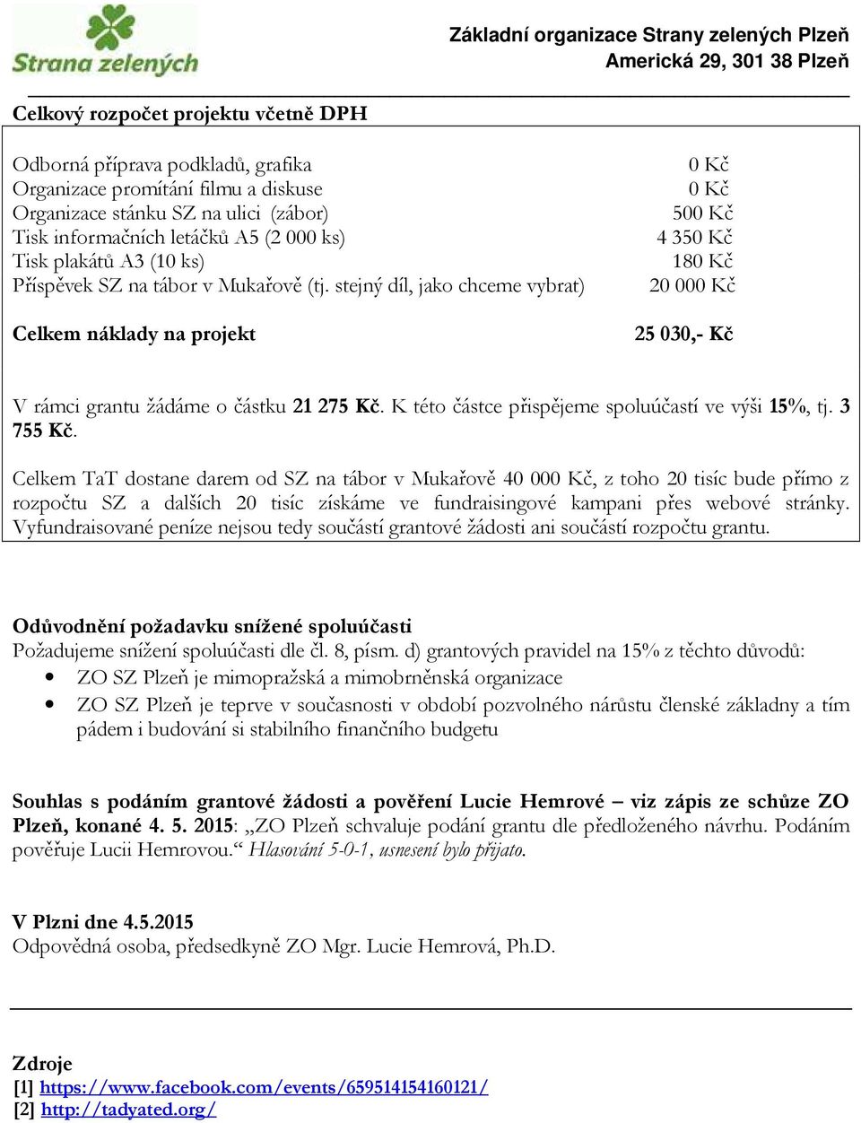 stejný díl, jako chceme vybrat) Celkem náklady na projekt 0 Kč 0 Kč 500 Kč 4350 Kč 180 Kč 20000 Kč 25 030,- Kč V rámci grantu žádáme o částku 21 275 Kč.