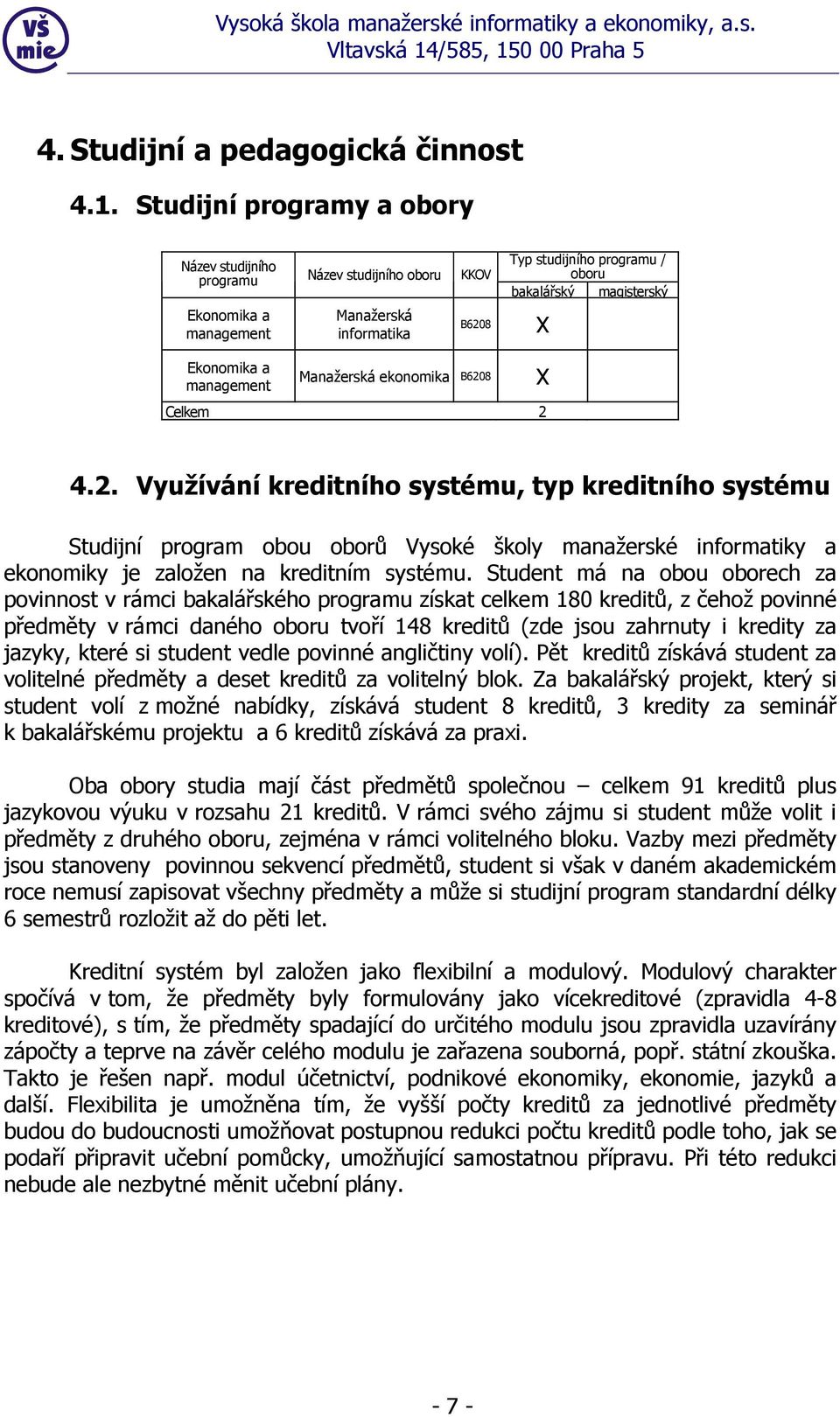 a management Manažerská ekonomika B6208 Celkem 2 X 4.2. Využívání kreditního systému, typ kreditního systému Studijní program obou oborů Vysoké školy manažerské informatiky a ekonomiky je založen na kreditním systému.