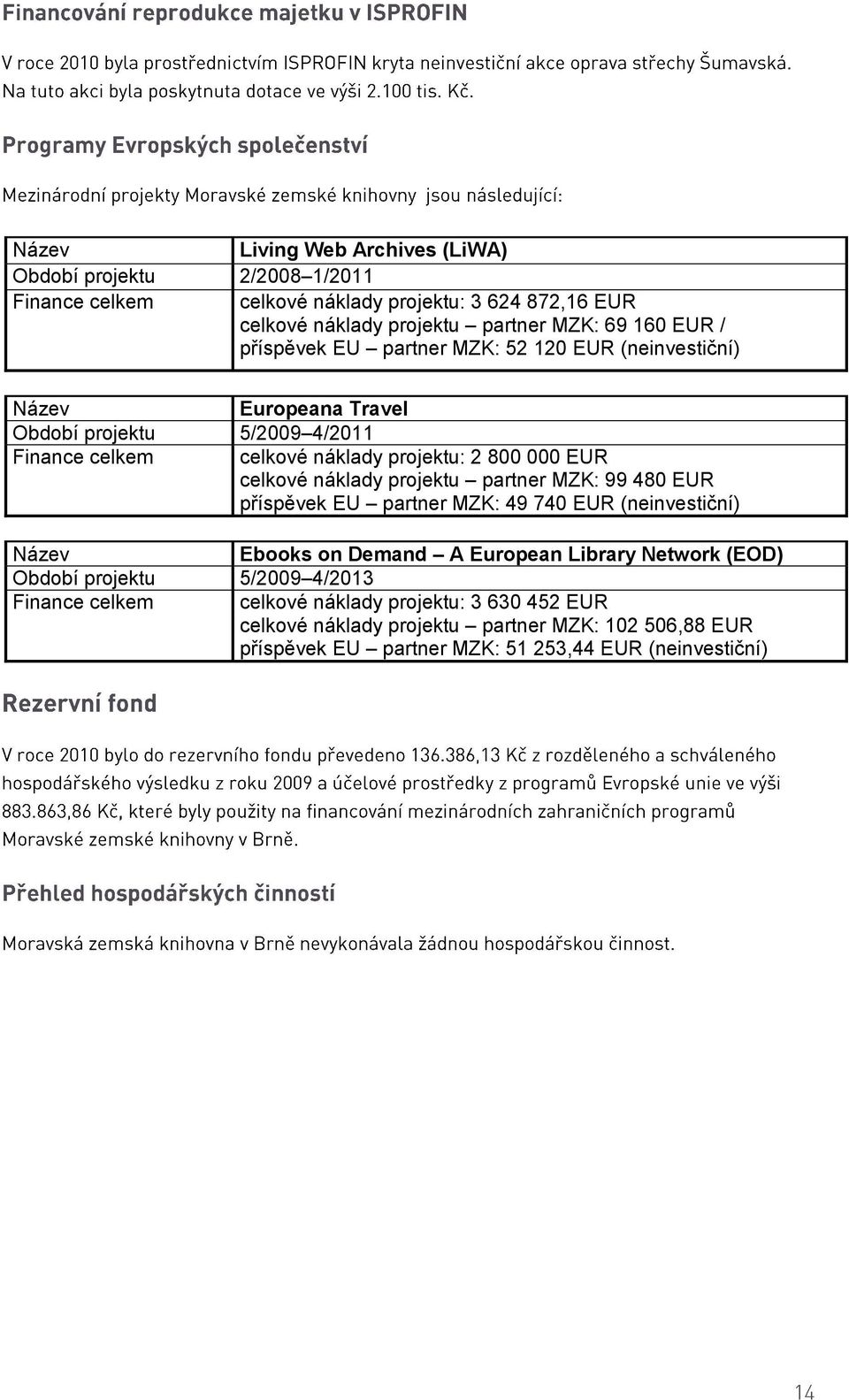 náklady projektu partner MZK: 99 480 EUR příspěvek EU partner MZK: 49 740 EUR (neinvestiční) Název Ebooks on Demand A European Library Network (EOD) Období projektu