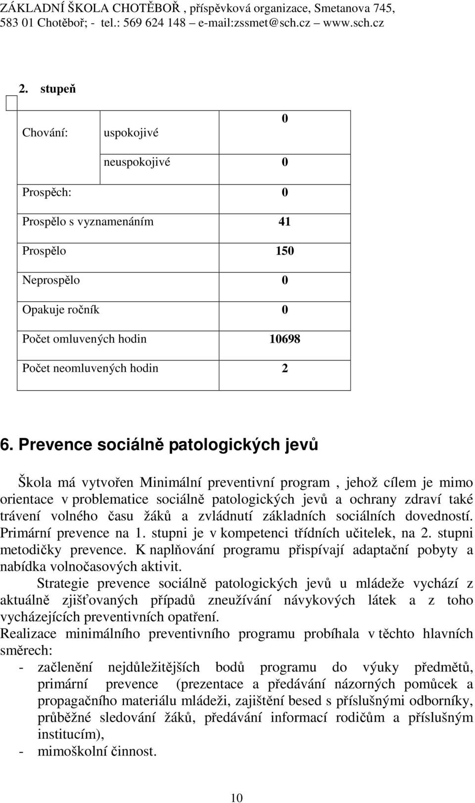 času žáků a zvládnutí základních sociálních dovedností. Primární prevence na 1. stupni je v kompetenci třídních učitelek, na 2. stupni metodičky prevence.