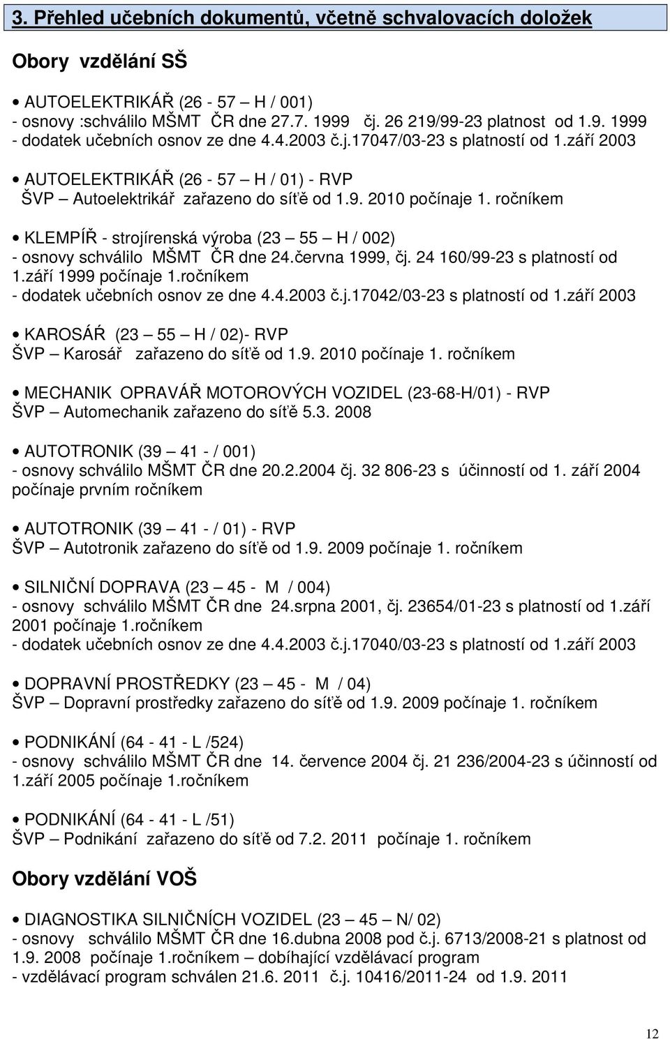 ročníkem KLEMPÍŘ - strojírenská výroba (23 55 H / 002) - osnovy schválilo MŠMT ČR dne 24.června 1999, čj. 24 160/99-23 s platností od 1.září 1999 počínaje 1.ročníkem - dodatek učebních osnov ze dne 4.