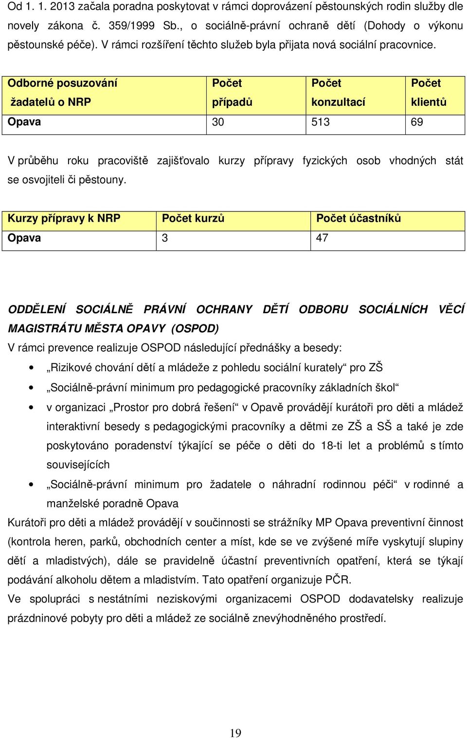 Odborné posuzování Počet Počet Počet žadatelů o NRP případů konzultací klientů Opava 30 513 69 V průběhu roku pracoviště zajišťovalo kurzy přípravy fyzických osob vhodných stát se osvojiteli či