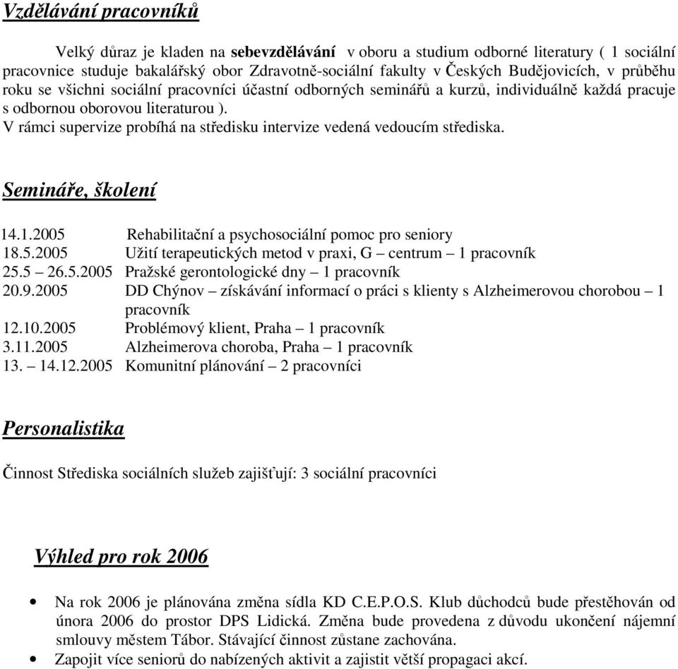 V rámci supervize probíhá na středisku intervize vedená vedoucím střediska. Semináře, školení 14.1.2005 Rehabilitační a psychosociální pomoc pro seniory 18.5.2005 Užití terapeutických metod v praxi, G centrum 1 pracovník 25.