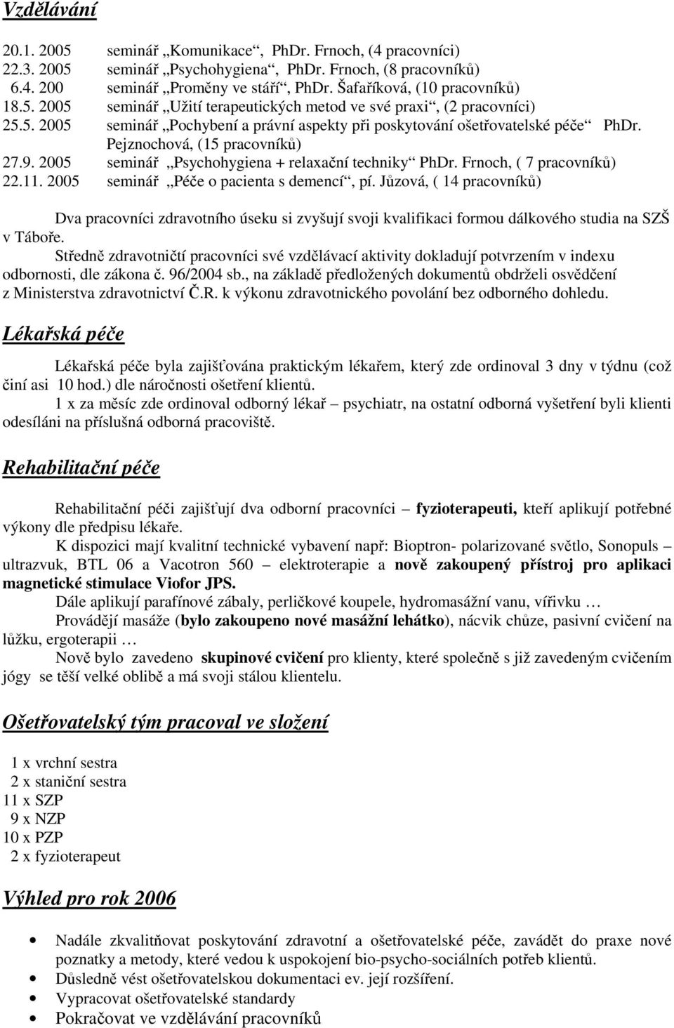 Pejznochová, (15 pracovníků) 27.9. 2005 seminář Psychohygiena + relaxační techniky PhDr. Frnoch, ( 7 pracovníků) 22.11. 2005 seminář Péče o pacienta s demencí, pí.