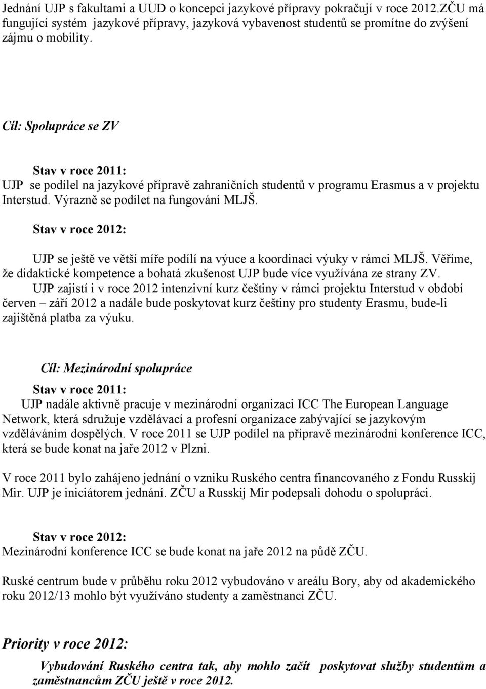 Stav v roce 2012: UJP se ještě ve větší míře podílí na výuce a koordinaci výuky v rámci MLJŠ. Věříme, že didaktické kompetence a bohatá zkušenost UJP bude více využívána ze strany ZV.