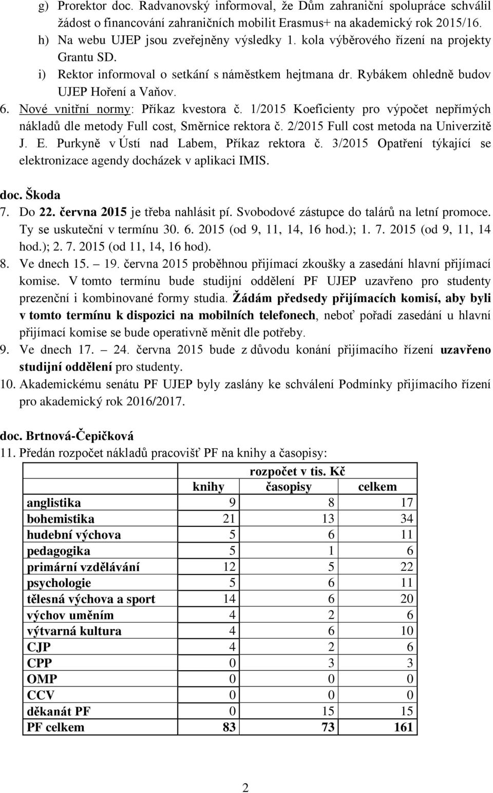 Nové vnitřní normy: Příkaz kvestora č. 1/2015 Koeficienty pro výpočet nepřímých nákladů dle metody Full cost, Směrnice rektora č. 2/2015 Full cost metoda na Univerzitě J. E.