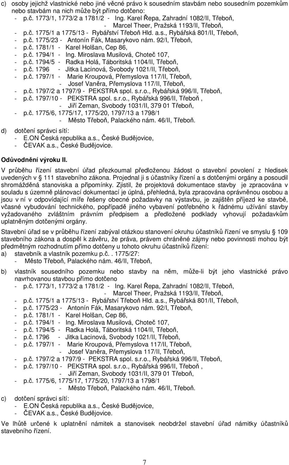 92/I, Třeboň, - p.č. 1781/1 - Karel Holšan, Cep 86, - p.č. 1794/1 - Ing. Miroslava Musilová, Choteč 107, - p.č. 1794/5 - Radka Holá, Táboritská 1104/II, Třeboň, - p.č. 1796 - Jitka Lacinová, Svobody 1021/II, Třeboň, - p.