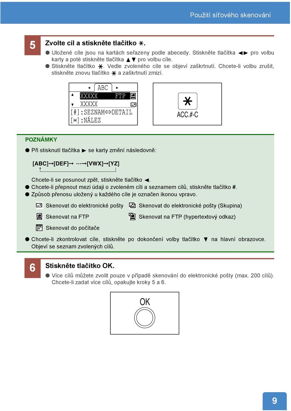 ABC XXXXX XXXXX [#]:SEZNAM [ ]:NÁLEZ FTP DETAIL POZNÁMKY Při stisknutí tlačítka [ABC] [DEF] se karty změní následovně: [VWX] [YZ] Chcete-li se posunout zpět, stiskněte tlačítko.