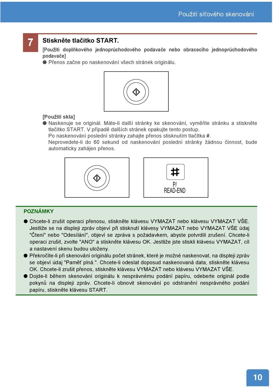 Po naskenování poslední stránky zahajte přenos stisknutím tlačítka #. Neprovedete-li do 60 sekund od naskenování poslední stránky ¾ádnou činnost, bude automaticky zahájen přenos.