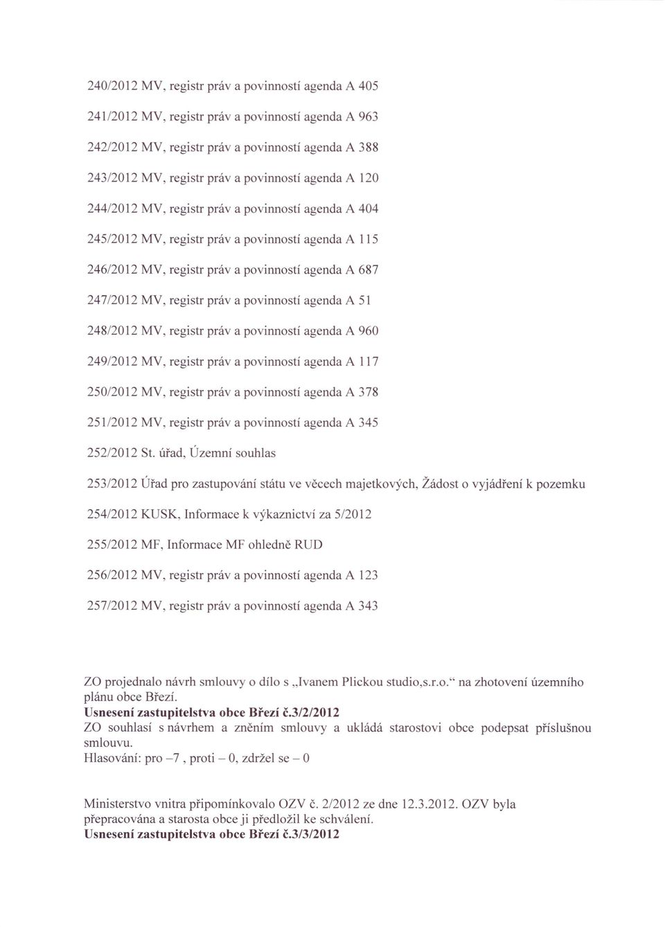 agenda A 51 24812012 MV, registr práva povinností agenda A 960 249/2012 MV, registr práva povinností agenda A 117 250/2012 MV, registr práva povinností agenda A 378 25112012 MV, registr práva