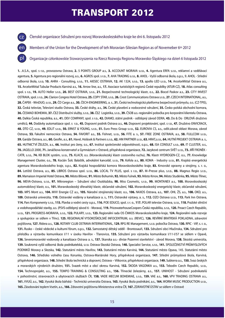 na dzień 6 listopada 2012 1..A.S.A., spol. s r.o., provozovna Ostrava, 2. 5 POINTS GROUP a.s., 3. ACCOUNT MORAVA s.r.o., 4. Agentura ERFA s.r.o., reklamní a vzdělávací agentura, 5.