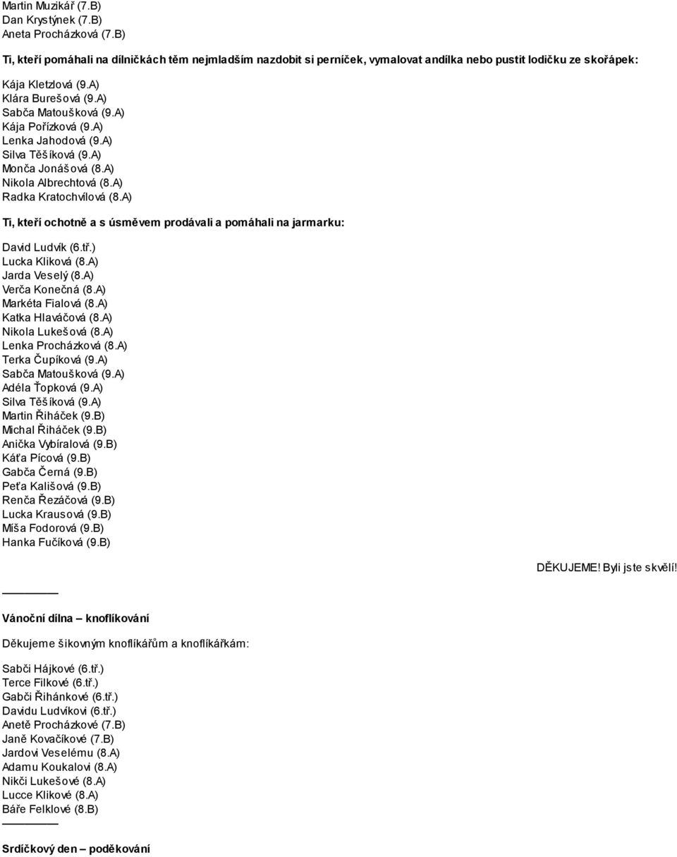A) Kája Pořízková (9.A) Lenka Jahodová (9.A) Silva Těšíková (9.A) Monča Jonášová (8.A) Nikola Albrechtová (8.A) Radka Kratochvílová (8.