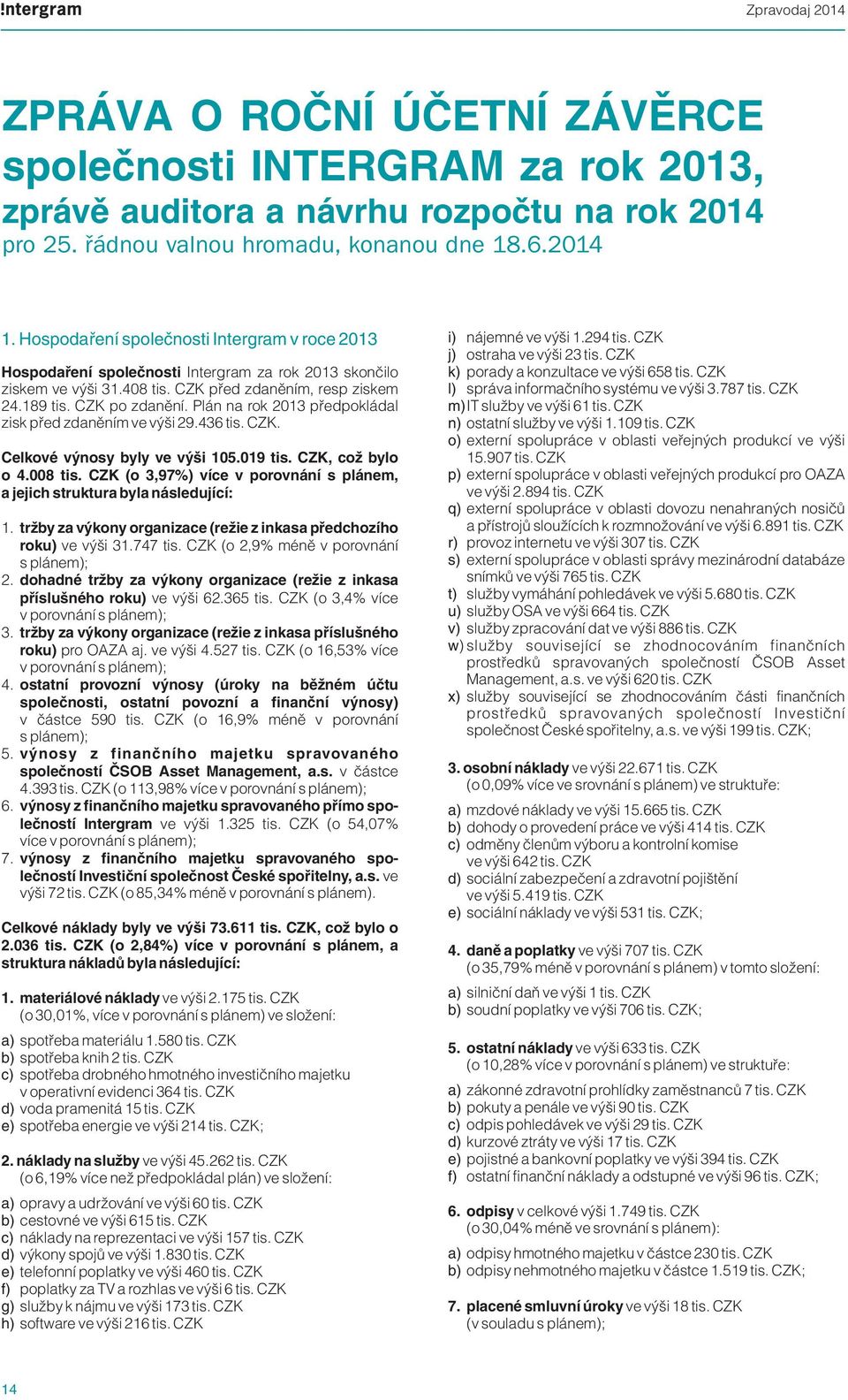 Plán na rok 2013 předpokládal zisk před zdaněním ve výši 29.436 tis. CZK. Celkové výnosy byly ve výši 105.019 tis. CZK, což bylo o 4.008 tis.
