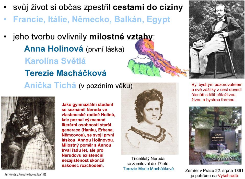 Němcovou), se svojí první láskou Annou Holinovou. Milostný poměr s Annou trval řadu let, ale pro Nerudovu existenční nezajištěnost skončil nakonec rozchodem.