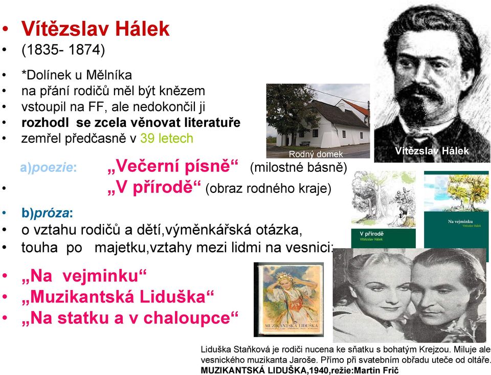 dětí,výměnkářská otázka, touha po majetku,vztahy mezi lidmi na vesnici: Na vejminku Muzikantská Liduška Na statku a v chaloupce Liduška Staňková je rodiči