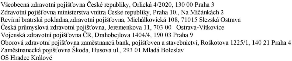 Jeremenkova 11, 703 00 Ostrava-Vítkovice Vojenská zdravotní pojišťovna ČR, Drahobejlova 1404/4, 190 03 Praha 9 Oborová zdravotní pojišťovna