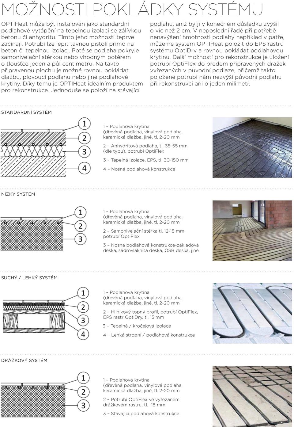 Na takto připravenou plochu je možné rovnou pokládat dlažbu, plovoucí podlahu nebo jiné podlahové krytiny. Díky tomu je OPTIHeat ideálním produktem pro rekonstrukce.