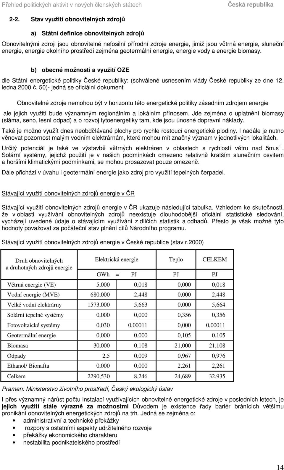b) obecné možnosti a využití OZE dle Státní energetické politiky eské republiky: (schválené usnesením vlády eské republiky ze dne 12. ledna 2000.