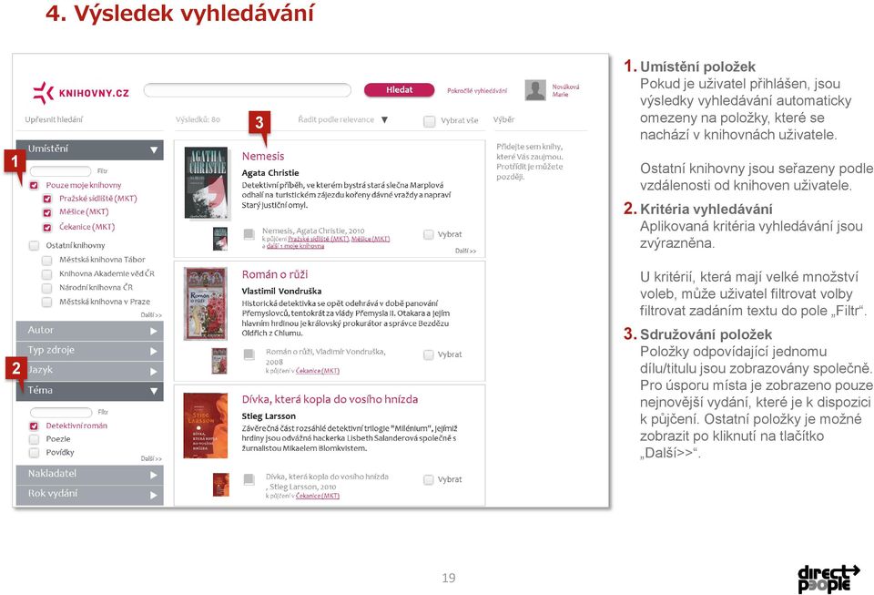 1 Ostatní knihovny jsou seřazeny podle vzdálenosti od knihoven uživatele. 2. Kritéria vyhledávání Aplikovaná kritéria vyhledávání jsou zvýrazněna.